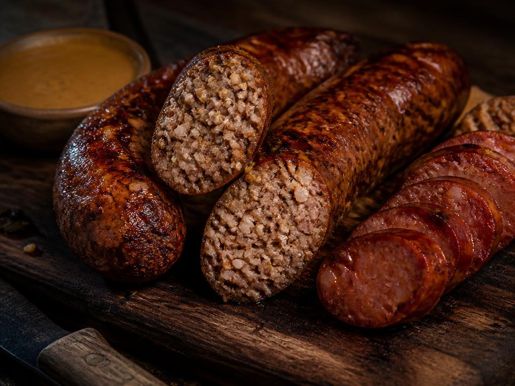 Cajun boudin links sliced open on a wooden board