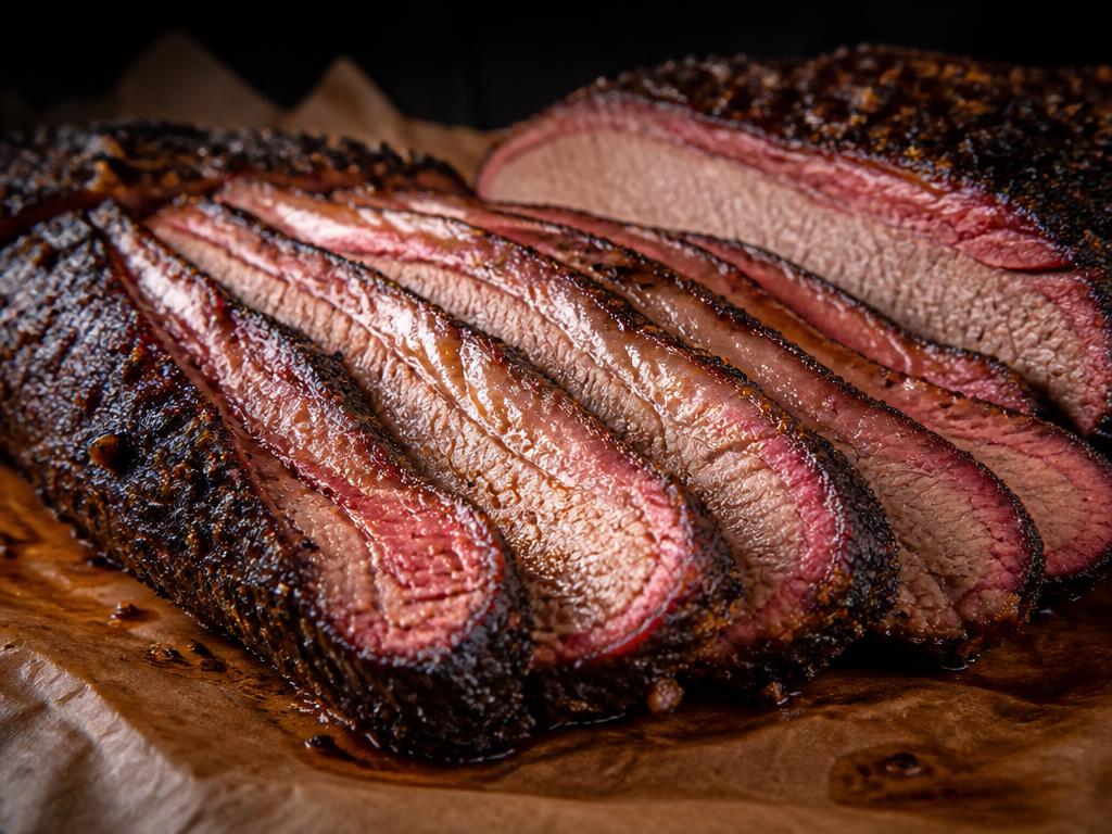 Sliced smoked brisket with a dark bark and pink smoke ring on butcher paper